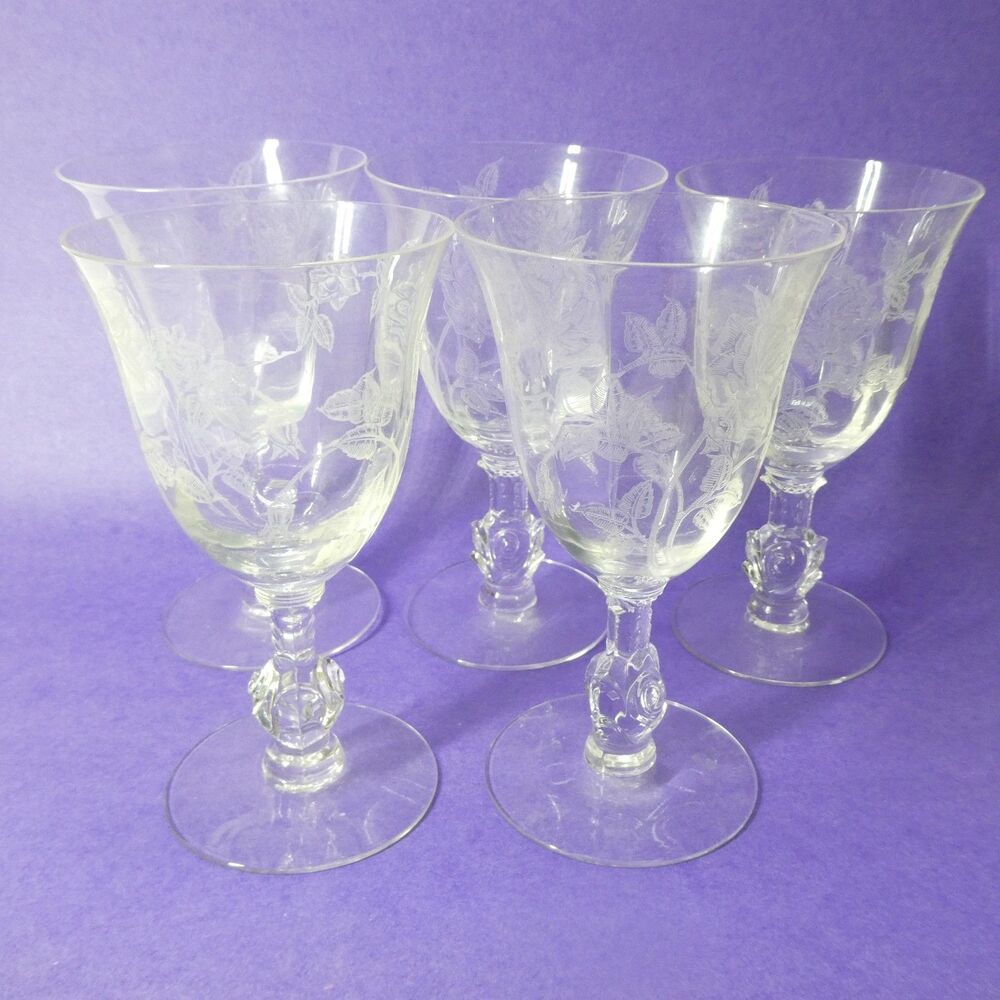 5 Heisey Rose Water Goblet Glasses Set 6 1/4" Clear Etched Glass Vintage Footed
